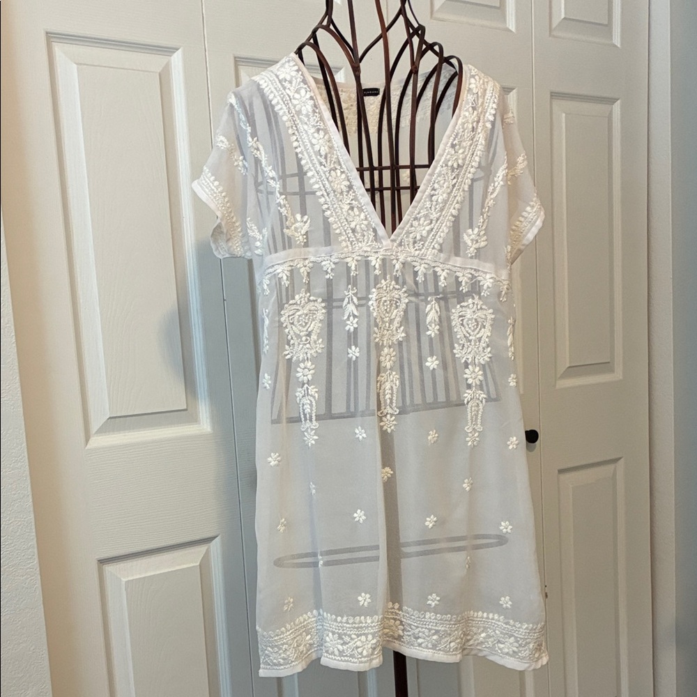 Sheer White Embroidered V-Neck Tunic by Zingara